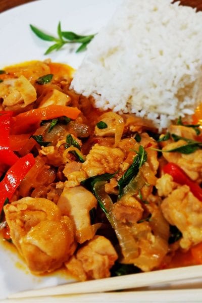 A quick and easy dinner recipe that is delicious! One Pot Thai Basil Chicken recipe at Remodelaholic.com
