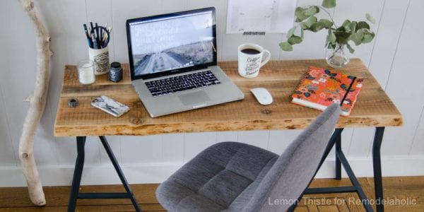 DIY Live Edge Desk with Trestle Legs- I can't believe it's an Ikea Hack- It looks so great!