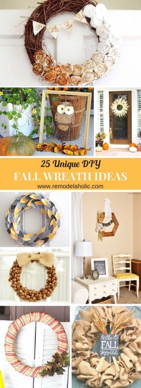 25 Unique DIY Fall Wreath Ideas and where to find them featured on Remodelaholic.com #wreaths #wreathideas #falldecor