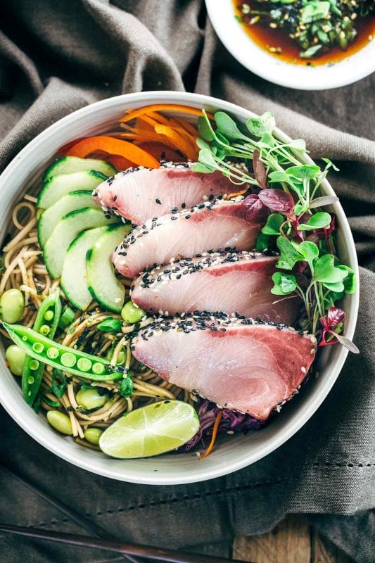 Sesame Crusted Hamachi with Edamame Soba Noodle Salad