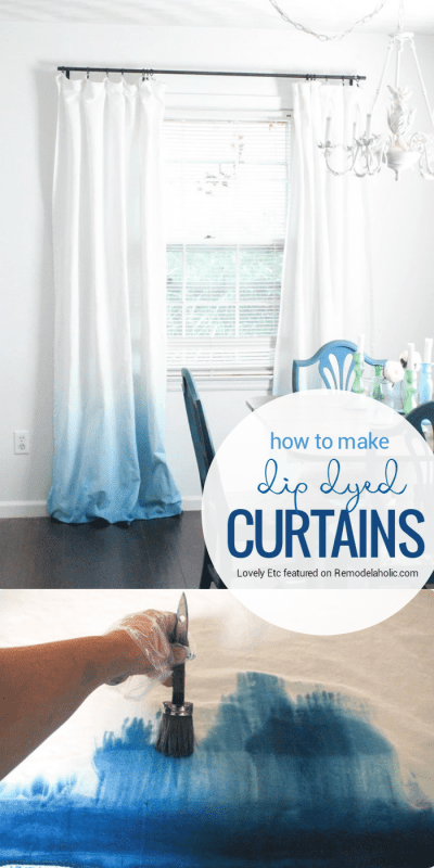 Update a pair of basic white curtains with this simple dye technique for an ombre dip dye curtain style... without the dipping and buckets of dye! Tutorial from Simply Etc on Remodelaholic.com