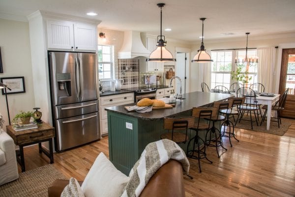 Open Small One-Wall Kitchen Layout with Island | Fixer Upper Graham House Kitchen And Dining featured on Remodelaholic