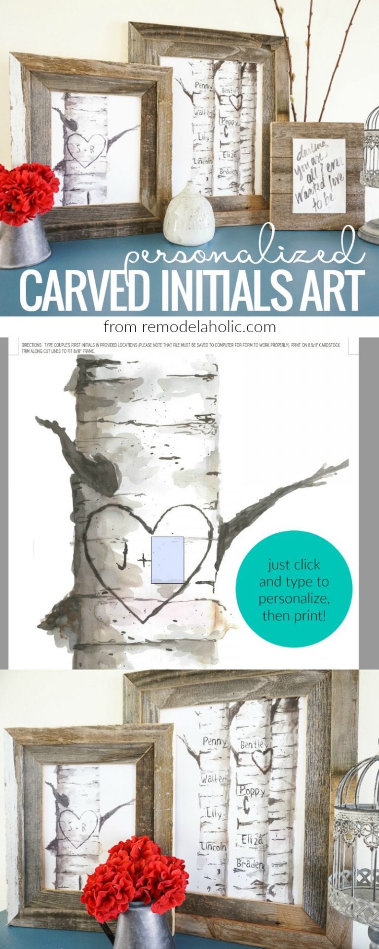 Printable Birch Tree Art Prints with Custom Carved Initials | Remodelaholic