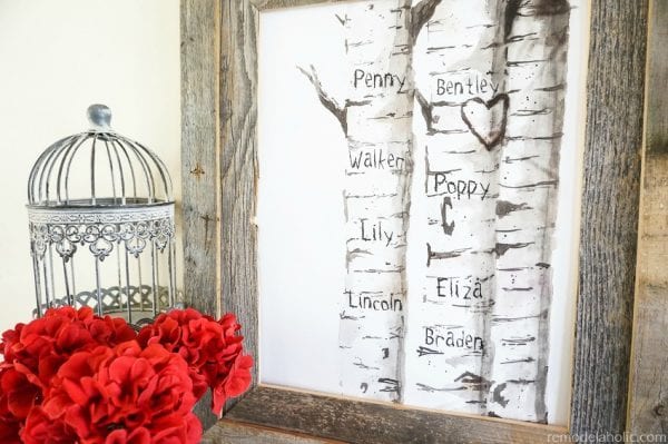 Free Printable Watercolor Birch Tree Art With Custom Carved Initials For Family Or Childrens Names @Remodelaholic 600x399