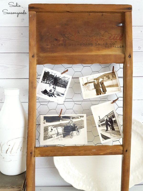 11 Vintage Washboard Repurposed With Chicken Wire Into DIY Rustic Farmhouse Style Primitive Photo Holder By Sadie Seasongoods 600x800