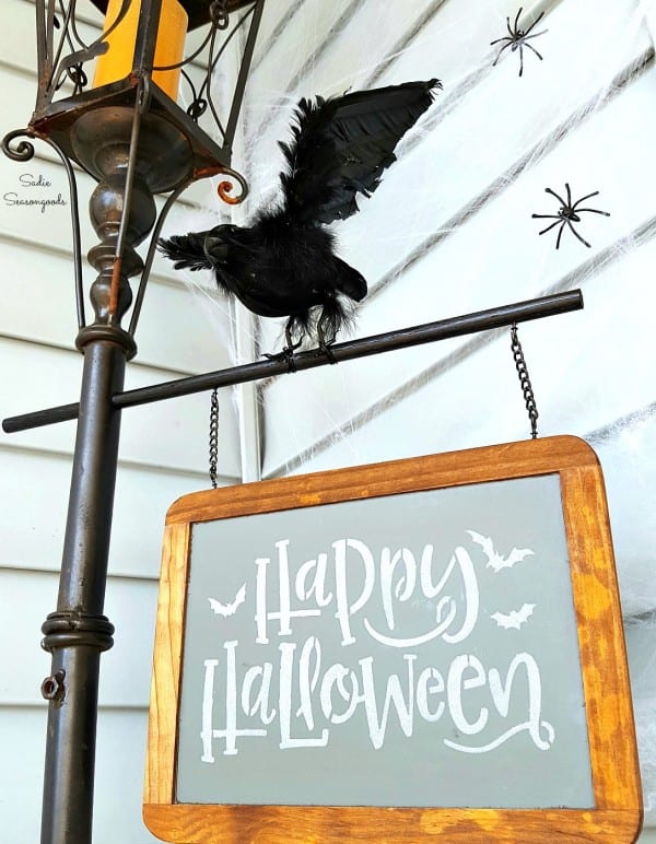 13 Lamp Post Style Lantern Candle Holder Repurposed As Vintage Happy Halloween Street Sign For DIY Porch Decor By Sadie Seasongoods