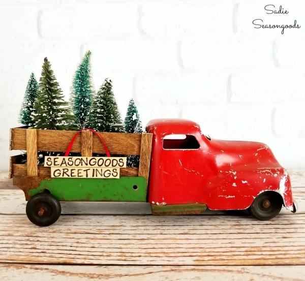 Vintage Toy Truck With DIY Popsicle Stick Bed Rails To Repurpose Upcycle As Christmas Tree Delivery Truck By Sadie Seasongoods