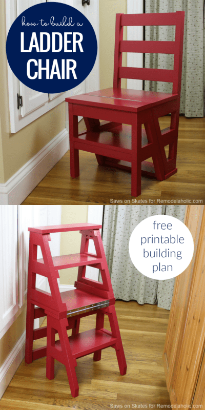 Build this multi-functional DIY ladder chair, which looks like an ordinary dining chair but easily folds into a sturdy step-stool for multipurpose use. Originally invented by Benjamin Franklin, this modern ladder chair has an updated classic style. Perfect for a small space or tiny home. Full tutorial and building plan. 