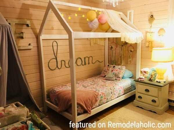 House Bed Frame With Lots Of Cute Elements Featured On Remodelaholic.com