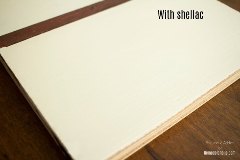 Light painted wood sample sealed with shellac to help prevent tannin bleed-through