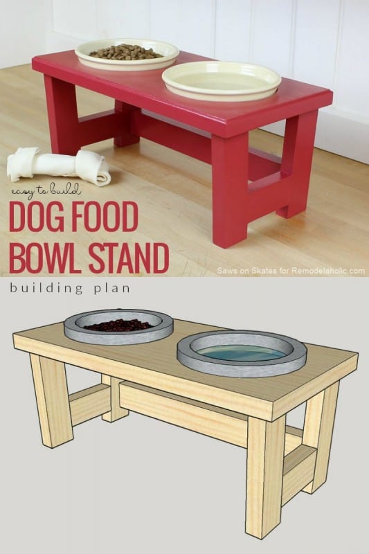 Build an easy DIY dog food bowl stand using scrap pieces. Perfect for small dogs and puppies. #remodelaholic