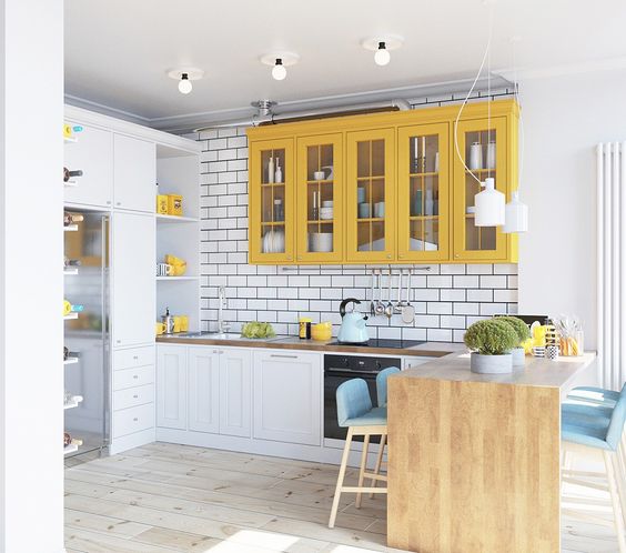 Modern white and yellow kitchen via Home Designing | Yellow Kitchen Inspiration #Remodelaholic