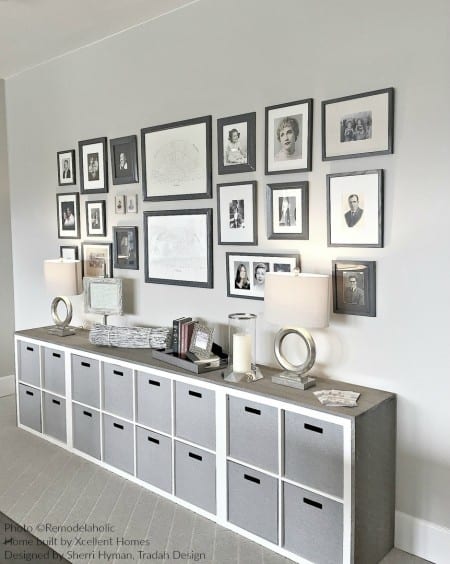 Black And White Photo And Family Genealogy Chart Gallery Wall With IKEA Hack Wood Wrapped Cubbies Homeshow Via #remodelaholic