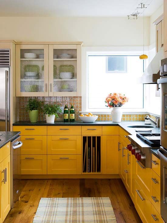 Modern Yellow Kitchen Cabinets via BHG | Yellow Kitchen Inspiration #Remodelaholic