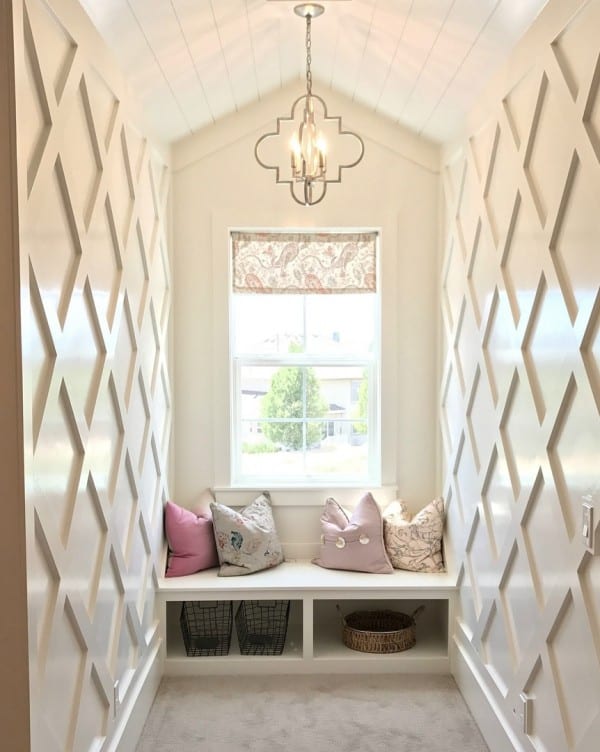 Hallway Nook With Bench And Lattice Wall Treatment, Millhaven Homes