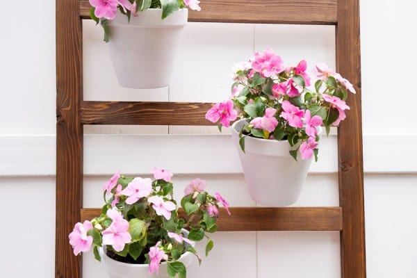 Diy Wall Ladder Vertical Planter Pot Holder For Outdoor Plants Angela Marie Made Featured On Remodelaholic