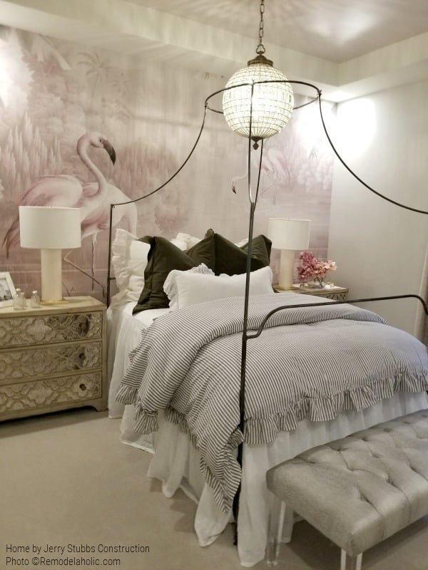 Bedroom With Flamingo Wall Mural, Pinstripe Bedding, And Mirrored Dresser, Jerry Stubbs Construction And Tique & Company, 2018 Utah Valley Parade Of Homes On Remodelaholic