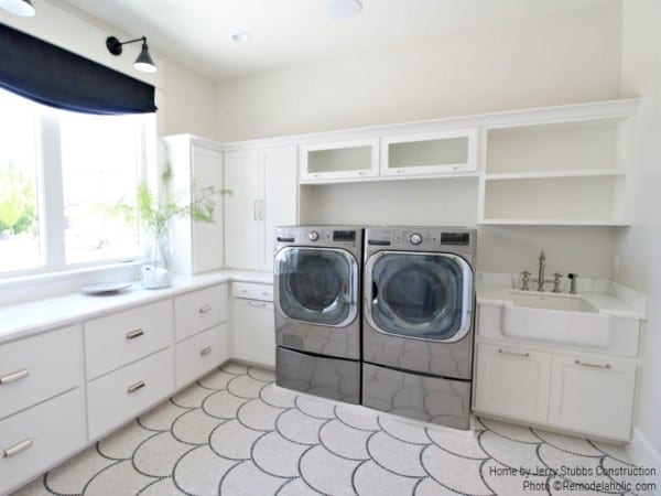 Apron Sink And Fish Scale Tile In White Laundry Room, Jerry Stubbs Construction And Tique And Company, 2018 Utah Valley Parade Of Homes Featured On Remodelaholic
