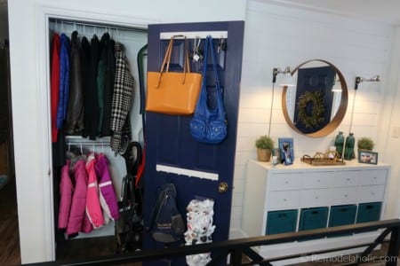 Organized Coat Closet And Entryway Makeover With IKEA Hack Storage Console And Dual Coat And Broom Closet #remodelaholic
