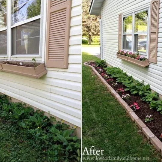 Before And After Of Flower Beds Lining Side Of House With And Without Brick Edging