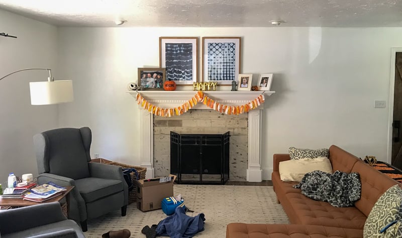 fireplace mantel before the makeover and the base image for the sketch