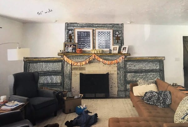Sketch of DIY fireplace makeover with bookshelves
