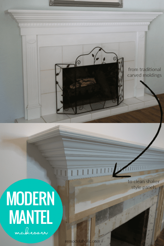 DIY Modern Mantel Makeover, Updating From Carved Molding To Flat Shaker Trim #remodelaholic