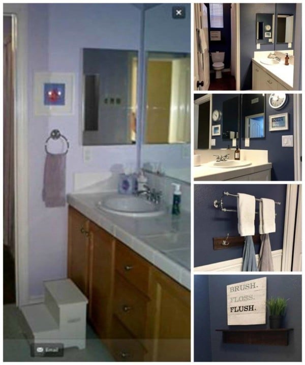 Blue Bathroom Wall Makeover With Wood And Metal Decor