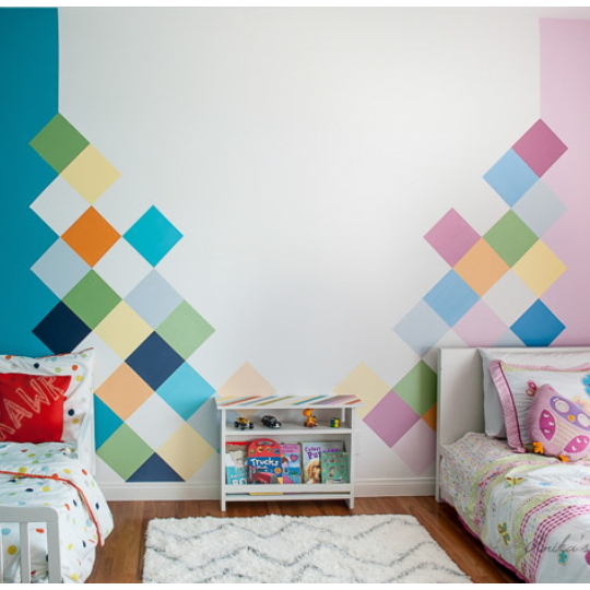 Kid Room Ideas, Picture Of Bedroom Inspiration With Painted Wall In Blue And Pink Checked Hues