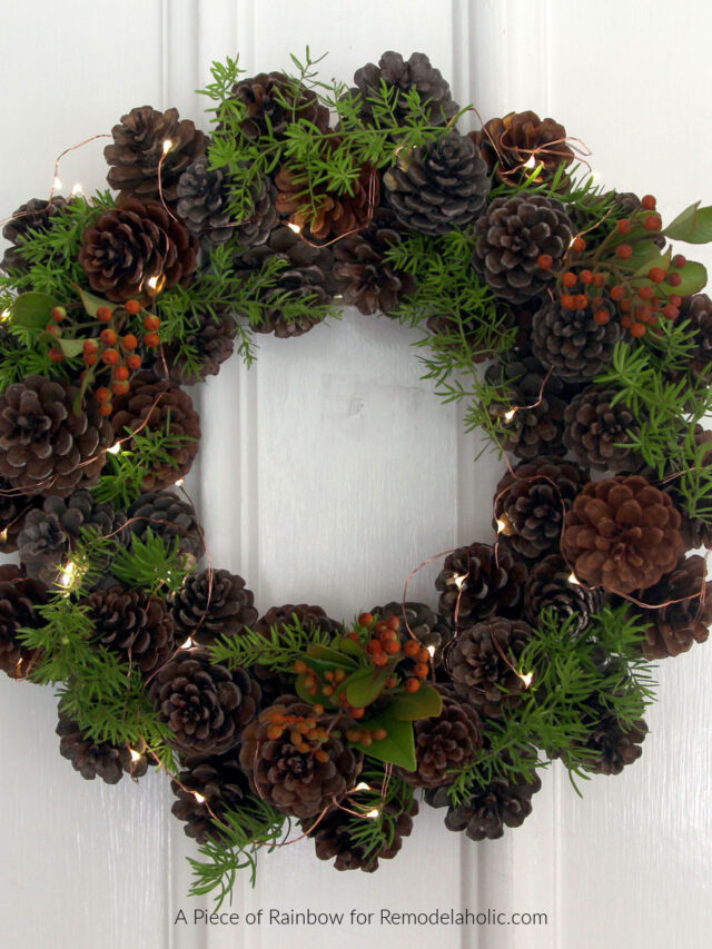 DIY Pine Cone Wreath With Pine Sprigs And Berry Picks And Fairy Lights, Remodelaholic