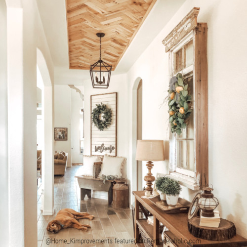 Inexpensive DIY Herringbone Wood Ceiling Using Pallets | Remodelaholic