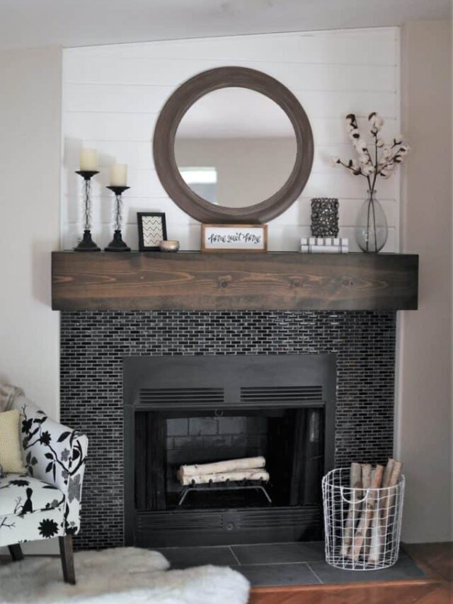 Dark Tile And Wood Mantel Fireplace Remodel, Joyful Derivatives Featured On Remodelaholic
