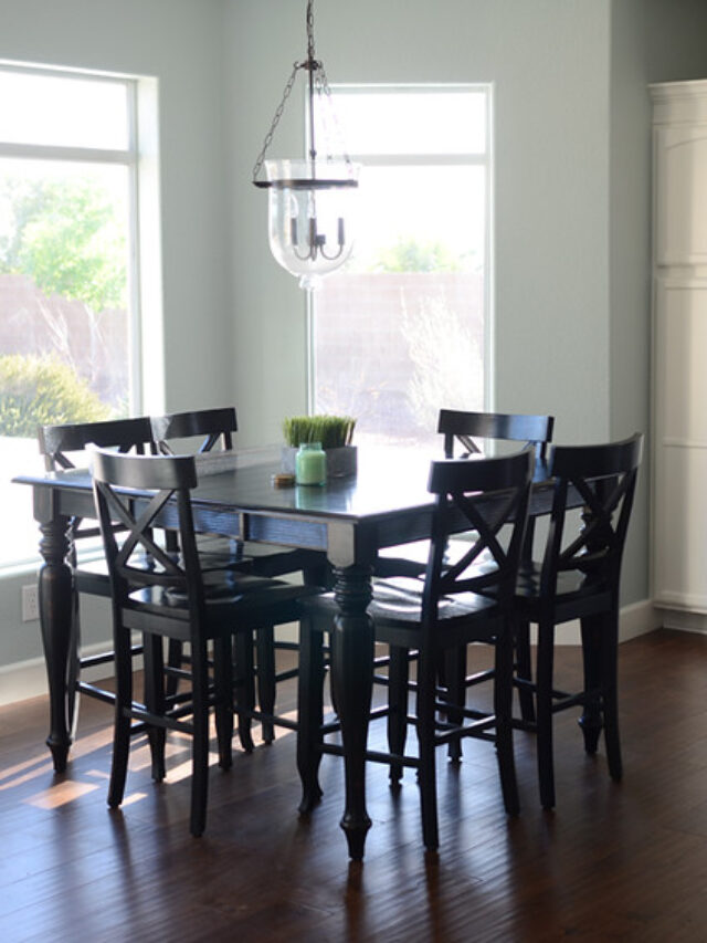 Breakfast Nook With Wood Floors Painted In Rainwashed Sherwin Williams Simplify Featured On Remodelaholic