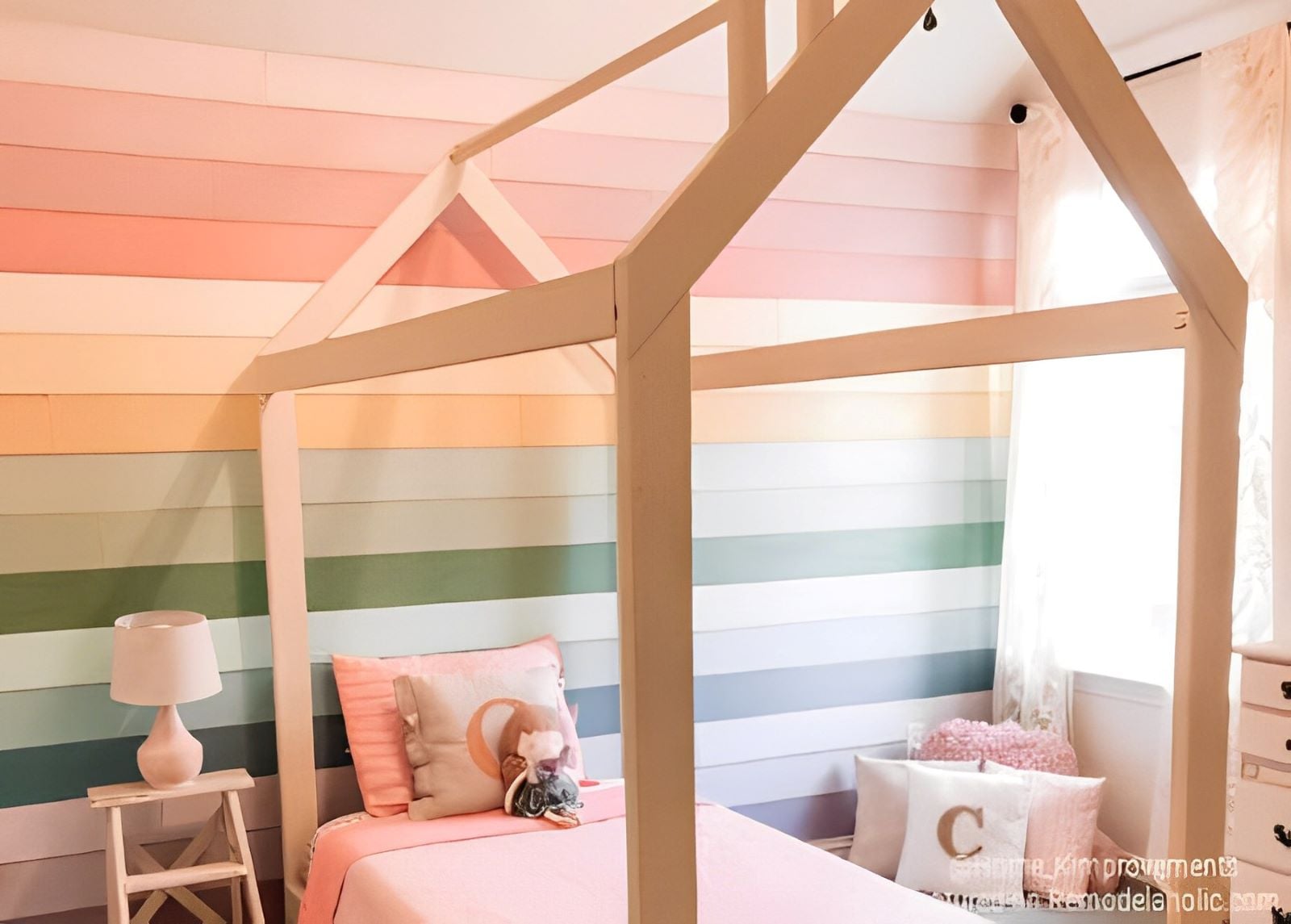 Kids Bedroom Wall Rainbow Shiplap With DIY House Bed Frame Home Kimprovements For Remodelaholic Feature 450x322 (1)