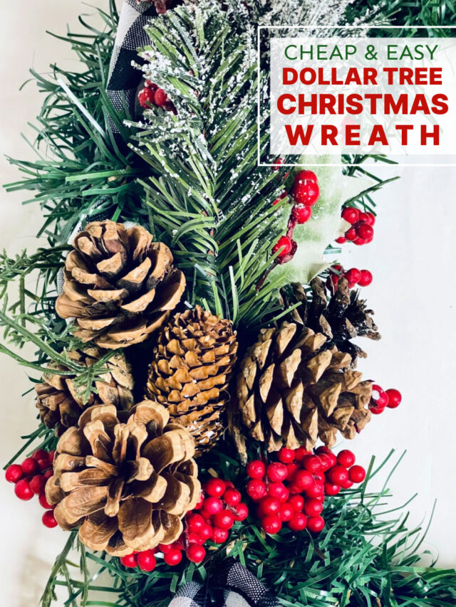 Cheap And Easy DIY Dollar Tree Christmas Wreath With Pinecones Red Berries Gingham Checker Ribbon, Remodelaholic