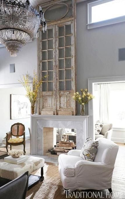 How To Decorate Tall Walls Vintage French Doors Above Fireplace 2